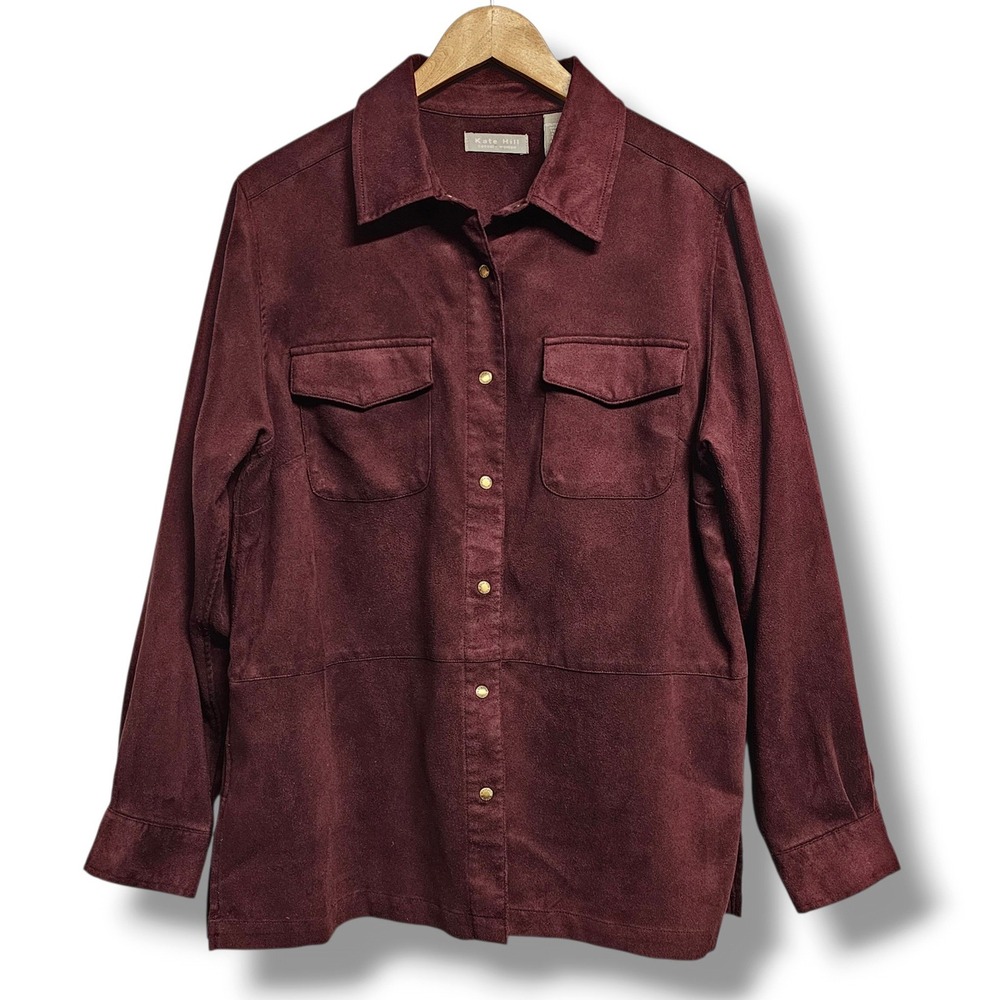 Kate Hill Faux Suede Shirt 16W Women Burgundy Snap Front Shacket Fall Cabin Boho